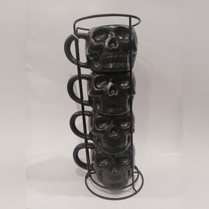 New In Box! Set Of 4 Stackable Black Skull Mugs Set w/ Iron Rack!